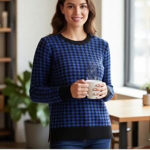 APT 9 Sweater Women‎ Small Zipper Accent Pullover Blue Black Houndstooth Knit